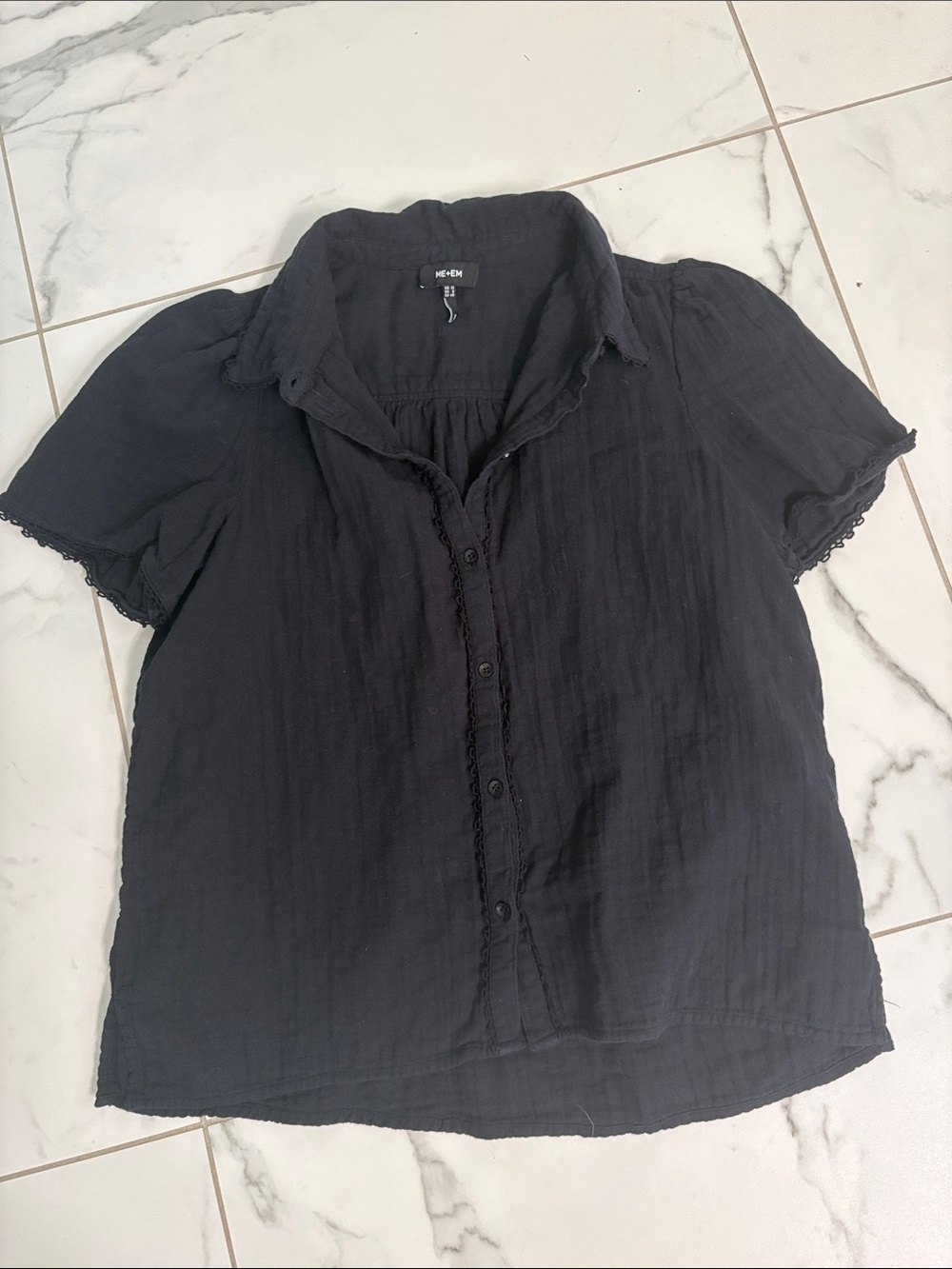 ME + EM Black Cotton Cheesecloth Scalloped Trim Blouse Sz. 8